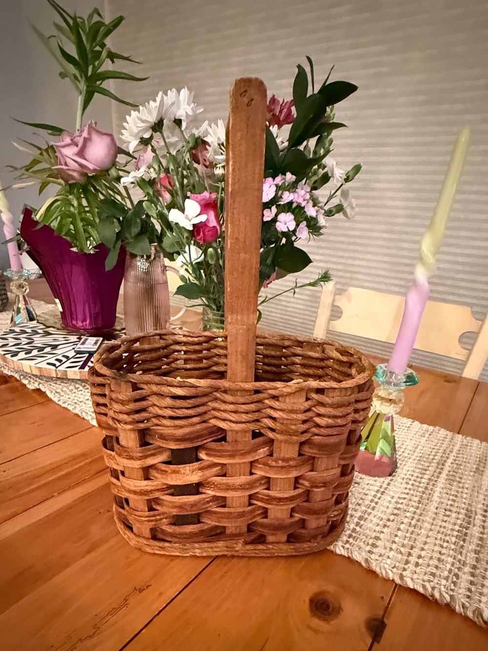 Hand Woven Natural Wicker Wine Tote with a Wooden Handle. Vintage